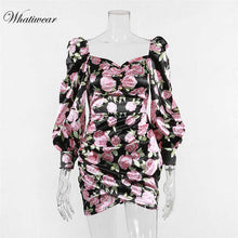 Load image into Gallery viewer, Whatiwear 2019 Summer Mini Dress Print Flower Party Dress Streetwear Women Button Puff Sleeve Vestidos de festa