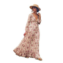 Load image into Gallery viewer, Retro Vintage Floral Printed Long Dresses Vestidos Full Sleeve V-Neck High Waist Loose Boho Beach Dress XXL