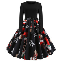 Load image into Gallery viewer, Winter Christmas Dresses Women 50S 60S Vintage Robe Swing Pinup Elegant Party Dress Long Sleeve Casual Plus Size Print Black