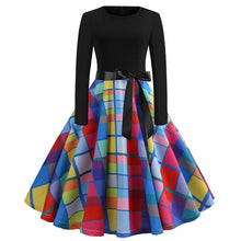 Load image into Gallery viewer, Winter Christmas Dresses Women 50S 60S Vintage Robe Swing Pinup Elegant Party Dress Long Sleeve Casual Plus Size Print Black
