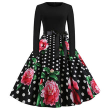 Load image into Gallery viewer, Winter Christmas Dresses Women 50S 60S Vintage Robe Swing Pinup Elegant Party Dress Long Sleeve Casual Plus Size Print Black